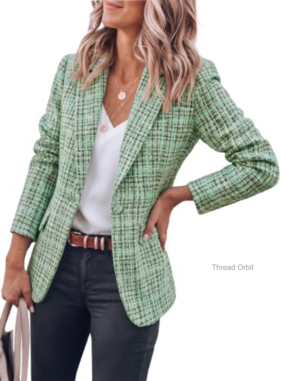 Plaid Tweed Blazer Open Front Notch Collar Business Casual Loose Fit Women's